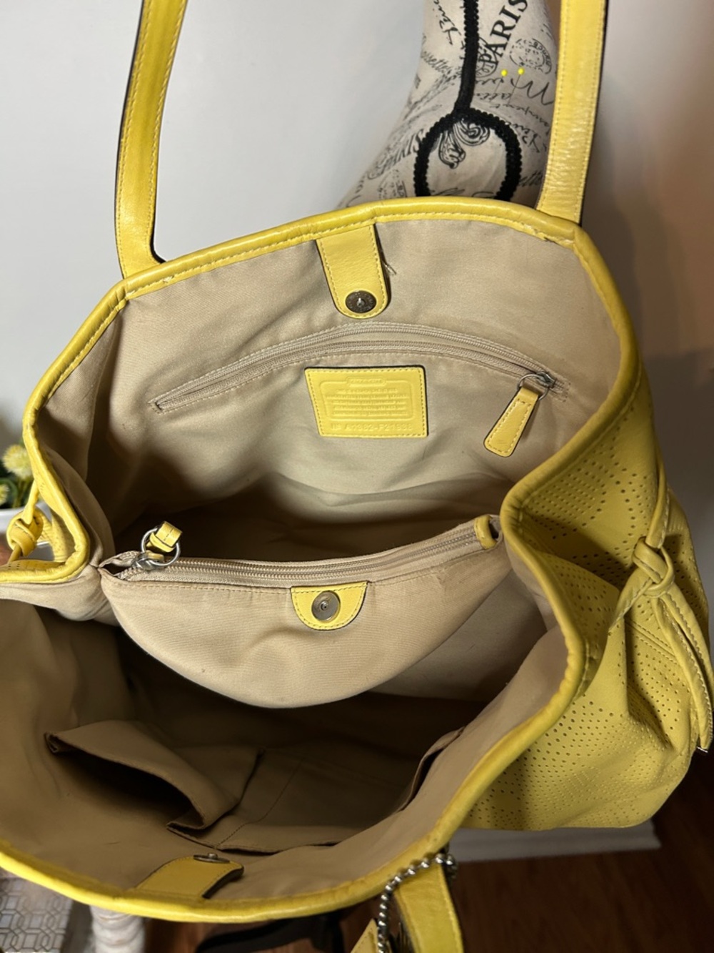 Coach Perforated Leather Yellow Tote Bag w/ Sun Bag Charm - Picture 6 of 11